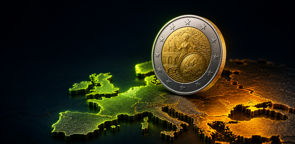 A commemorative two-euro coin above a luminous map of Europe